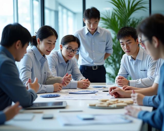 Haneul Kiln team discussing ceramic samples in a modern meeting room